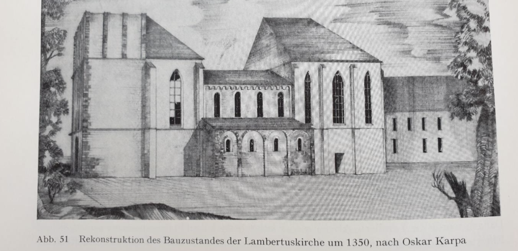 Bild (Rekonstruktion) aus: Die Stifts- und Pfarrkirche St. Lambertus zu Düsseldorf, in: Rheinisches Bilderbuch zu Düsseldorf, hrsg. von der Landesbildstelle Niederrhein, Ratingen 1956; S. 82