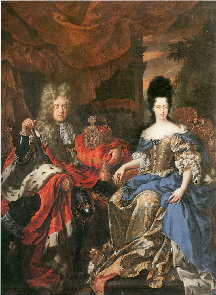 Quellenangabe: Gemeinfrei, Jan Frans van Douven creator QS:P170,Q643494 , Jan Frans van Douven, Doppelbildnis Johann Wilhelm von der Pfalz und Anna Maria Luisa de' Medici (1708) Das Original hängt in den Uffizien in Florenz, eine Kopie befindet sich im Stadtmuseum: http://www.duesseldorf.de/dkult/DE-MUS-038619/259922