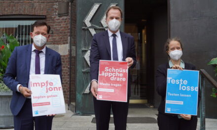 Schnüss-Läppche drare. Teste losse. Impfe jonn. — Anti-Corona-Kampagne der Stadt Düsseldorf op Rheinisch