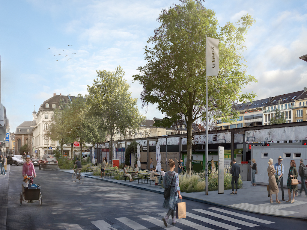 Die Visualisierung zeigt den Carlsplatz der Zukunft, dessen Gesicht von mehr Grün, Barrierefreiheit und einer besseren Nahmobilität gekennzeichnet ist,(c)Connected Mobility Düsseldorf