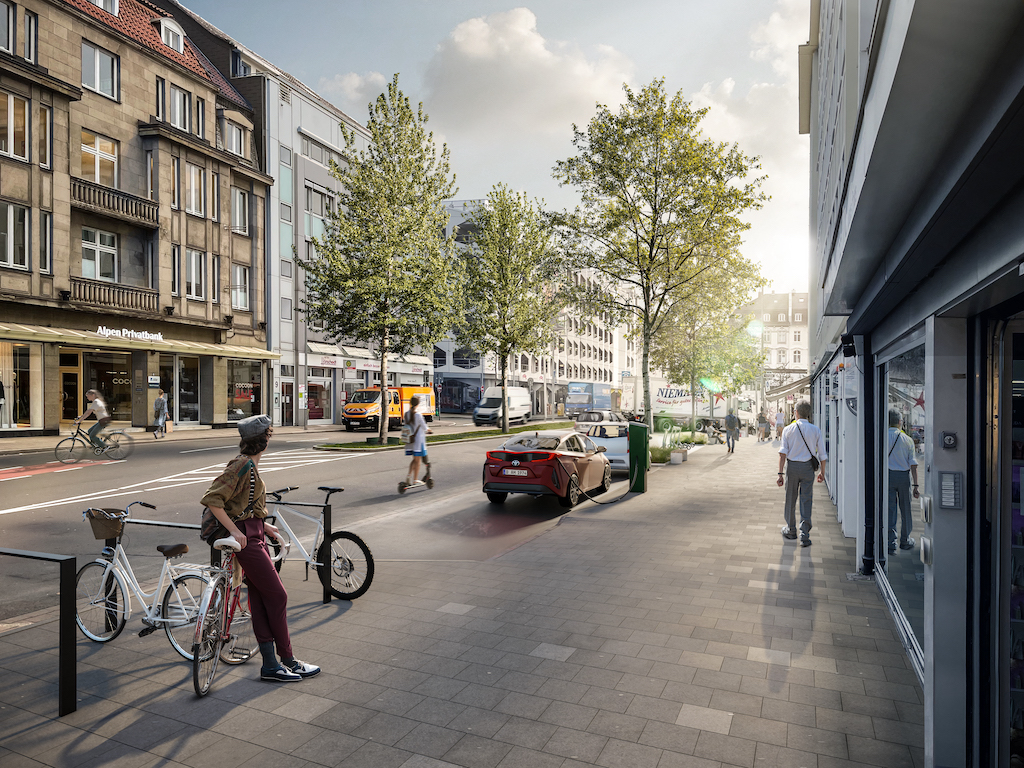 Die Visualisierung zeigt den Carlsplatz der Zukunft, dessen Gesicht von mehr Grün, Barrierefreiheit und einer besseren Nahmobilität gekennzeichnet ist,(c)Connected Mobility Düsseldorf