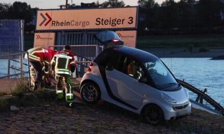 Kurioser Unfall am Robert-Lehr-Ufer in Düsseldorf: Smart rollt Böschung hinunter und landet im Wasser