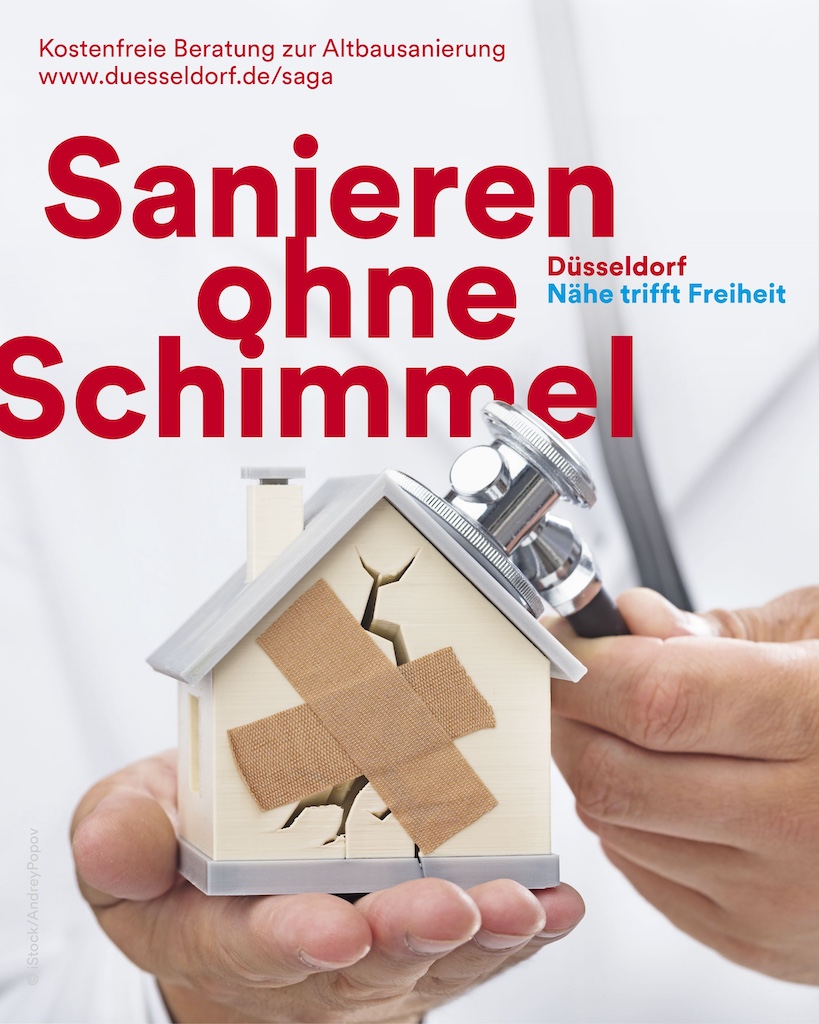 Die SAGA informiert im Rahmen eines Webinars am 20. Februar 2025 zu "Feuchte und Schimmel". Zusätzlich findet am 8. März 2025 der Aktionstag "Sanieren ohne Schimmel" im Foyer der Handwerkskammer statt,(c)Landeshauptstadt Düsseldorf<br />
