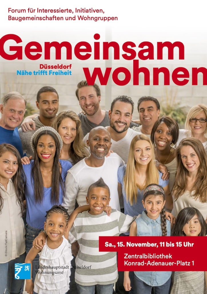 Bauverwaltung Gemeinsam wohnen - Forum für Interessierte, Initiativen, Baugemeinschaften und Wohngruppen Plakat zum Info-Tag "Gemeinsam Wohnen" am Samstag, 15. November 2025 © Landeshauptstadt Düsseldorf Bauverwaltung<br />
Gemeinsam wohnen - Forum für Interessierte, Initiativen, Baugemeinschaften und Wohngruppen<br />
Plakat zum Info-Tag "Gemeinsam Wohnen" am Samstag, 15. November 2025 © Landeshauptstadt Düsseldorf